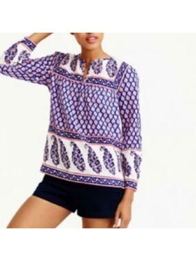J. Crew French Country Blue Red Floral Cotton Peasant Blouse size 4